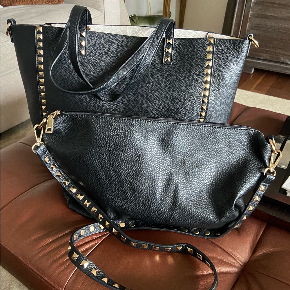 Studded Black Faux Leather Tote and Crossbody Set